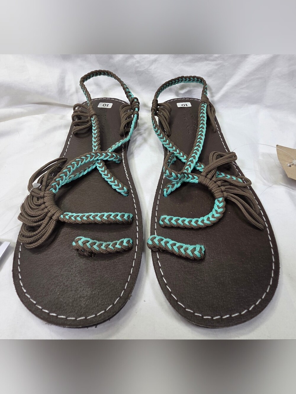 NEW Plaka Palm Leaf  Flat Rope Sandals Womens 10 Turquoise Gray Brown Braided - Picture 2 of 9